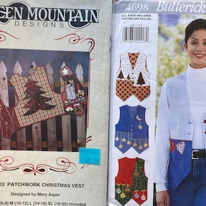 May include: A sewing pattern for a patchwork Christmas vest. The pattern includes instructions for making a vest with a Christmas tree design, a snowman design, and a star design. The pattern is from Green Mountain Designs and is number 503. The pattern is for sizes S (6-8), M (10-12), L (14-16), and XL (18-20).