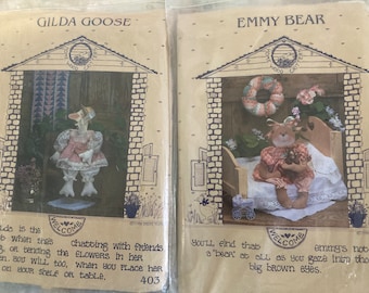 UNCUT Vintage (1986) Gilda Goose & Emmy Bear Patterns with Wood Block Bodies + Mini Quilt or Wreath by Becky Tuttle for All Cooped Up