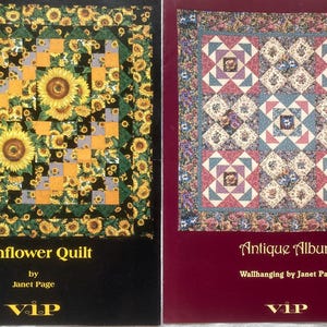 May include: Two quilt patterns, one with a sunflower design and the other with a patchwork design. The sunflower quilt is on a black background and the patchwork quilt is on a burgundy background. Both quilts have the text "VIP" at the bottom.
