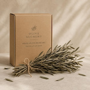 Può includere: Una scatola rettangolare in cartone marrone con il testo Olive Alchemy, Small Olive Branches, Naturally Sun Dried stampato in nero. Un mazzetto di rami d'ulivo essiccati verdi legati con spago marrone poggia davanti alla scatola.