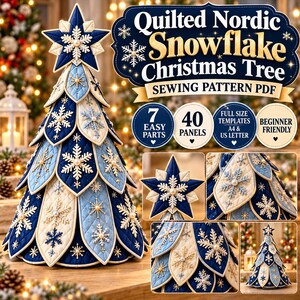Könnte beinhalten: Ein Quilted Nordic Snowflake Weihnachtsbaum-Schnittmuster als PDF mit 7 einfachen Teilen, 40 Paneelen, Vorlagen in Originalgröße für A4 und US Letter sowie anfängerfreundlichen Anleitungen. Der Baum besteht aus blauem und weißem Steppstoff.