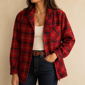 Puede incluir: Una chaqueta abotonada de cuadros rojos y negros con cuello, mangas largas y dos bolsillos delanteros. La chaqueta se lleva sobre una camiseta de tirantes blanca acanalada y vaqueros azul oscuro con un cinturón de cuero marrón y hebilla plateada.