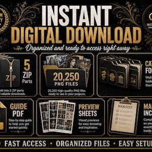 Könnte beinhalten: Eine Grafik für einen sofortigen digitalen Download mit goldenem und schwarzem Text. Sie zeigt 5 Zip-Teile, 20.250 PNG-Dateien, Kategorieordner, ein PDF-Handbuch, Vorschaublätter und ein Manifest vor einem dunklen Hintergrund.