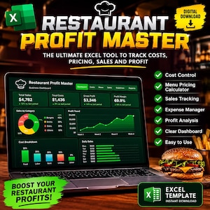 May include: A digital Excel template titled Restaurant Profit Master displayed on a laptop screen. The dashboard features green charts, graphs, and financial data for cost control, menu pricing, sales tracking, and expense management for restaurants.