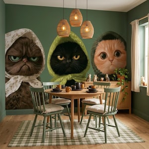 May include: A dining room featuring a round wooden table with four green spindle chairs on a green and white checkered rug. The wall displays a large mural of three cats wearing headscarves. Three woven pendant lights hang above the table.