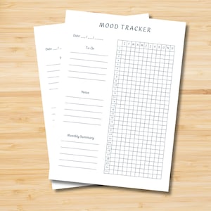 Op de afbeelding: Een wit papieren mood tracker blad met de tekst MOOD TRACKER bovenaan. De lay-out bevat secties voor datum, taken, notities en een maandelijkse samenvatting, naast een raster met genummerde rijen van 1 tot 31 en kolommen met letters J tot D.