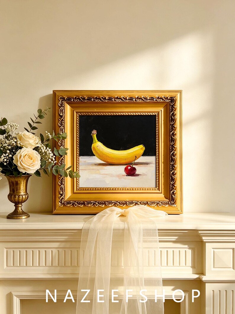 Dark Background Single Yellow Banana and Red Cherry on Light Table ...