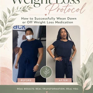 May include: A before and after comparison graphic titled Weight Loss Protocol: How to Successfully Wean Down or Off Weight Loss Medication. It features two photos of the same individual in a navy blue jumpsuit, labeled Before and After.