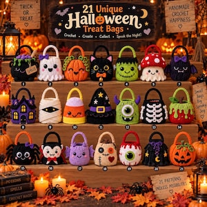 May include: A collection of 21 crocheted Halloween treat bags featuring various designs including a black cat, pumpkin, ghost, monster, skeleton, and vampire. Each small bag has a handle and a unique character face or theme for holiday use.