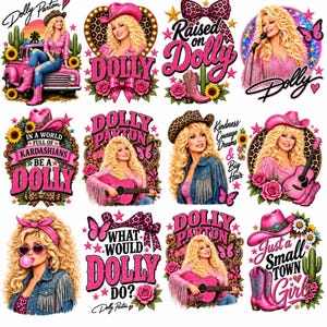 Puede incluir: Una colección de doce diseños gráficos con Dolly Parton, que incluye ilustraciones de ella con guitarras, sombreros de vaquero, botas rosas, girasoles, cactus y rosas, con textos como Raised on Dolly, In a World Full of Kardashians Be a Dolly y What Would Dolly Do.