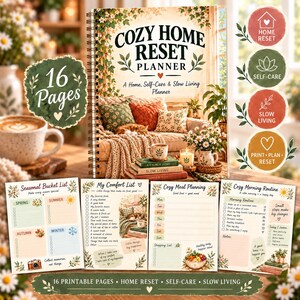 Può includere: Un'agenda a spirale intitolata Cozy Home Reset Planner di 16 pagine, con illustrazioni di un soggiorno, liste stagionali, liste di comfort, modelli per la pianificazione dei pasti e routine mattutine con motivi floreali.