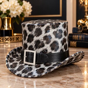 Handgemaakte hoge hoed met luipaardprint, zwarte en bruine statementhoed, steampunk modehoed