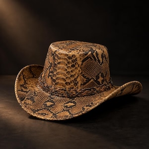 Op de afbeelding: Een cowboyhoed met een bruin en donkerbruin slangenleerpatroon over het gehele oppervlak. De hoed is voorzien van een gevlochten band rond de basis van de kroon, die een gestructureerde, cilindrische vorm en een brede, gebogen rand heeft.