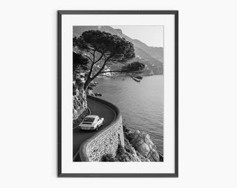 Affiche paysage, Décoration murale Porsche, Tirages photographiques, Art mural côtier, Décoration en noir et blanc