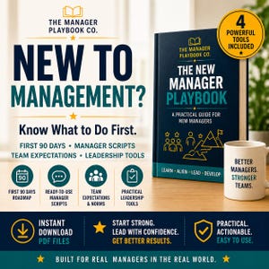 May include: A dark blue book titled The New Manager Playbook with a white mug featuring the text Better Managers. Stronger Teams. The book cover includes the text New to Management? Know What to Do First and lists four tools including First 90 Days.