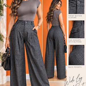May include: Wide leg plaid pants in dark gray featuring a front button closure, side pockets with buttons, and back pockets. The pants are paired with a short-sleeved gray t-shirt. Text on the image includes XARMA NY and Wide Leg Plaid Pant.