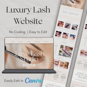 May include: A digital website template for a lash studio displayed on a laptop screen and a vertical scroll layout. The design features beige tones, serif typography, and imagery of eyes with eyelash extensions. Text includes Luxe Lash Studio.