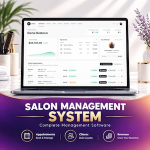 May include: A laptop displaying a salon management software dashboard with revenue, top services, and appointment schedules. Below the screen, the text reads SALON MANAGEMENT SYSTEM, Complete Management Software, with icons for Appointments, Clients, and Revenue.
