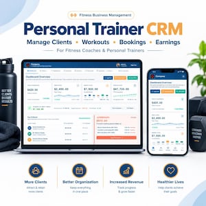 Puede incluir: Una interfaz de panel digital para un CRM de entrenador personal mostrada en la pantalla de una computadora portátil y un teléfono inteligente. El software muestra métricas financieras, listas de clientes y seguimiento de entrenamientos.