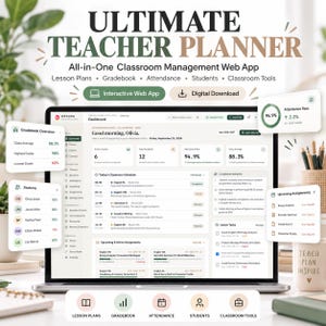 Può includere: L'Ultimate Teacher Planner è un'applicazione web di gestione della classe tutto in uno con piani di lezione, registro dei voti, presenze, studenti e strumenti didattici. L'interfaccia mostra una dashboard con orari delle lezioni e compiti.