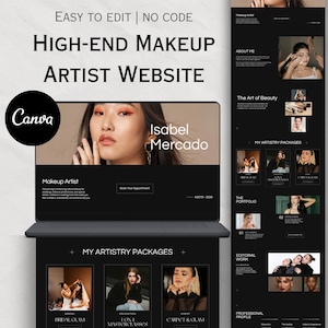 Puede incluir: Una plantilla digital para un sitio web de maquillador de alta gama con un esquema de color oscuro, una sección principal con retrato y secciones para sobre mí, paquetes de arte y portafolio, editable en la plataforma Canva.