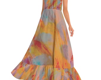 Vintage maxi-jurk met ruches aan de zoom en halternek