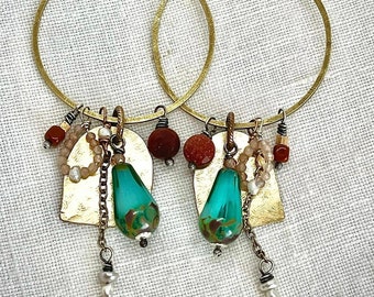 Hoop Charm Earrings - Turquoise - Brown - Mixed Metals - Golden Brass - Silver 925 - Vintaj Components