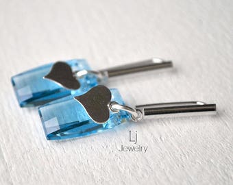 Swarovski® Crystal Earrings Aquamarine Rectangle Chessboard Drops Heart Silver Letemendia Jewelry