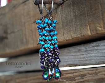 Color Block Cluster Earrings Sterling Silver Long Earrings by Letemendia Jewelry Handmade Boho