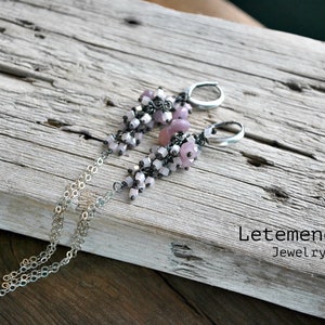 Pink Sapphire Cluster Earrings Silver Chain Pastel Colors Long Earrings image 3