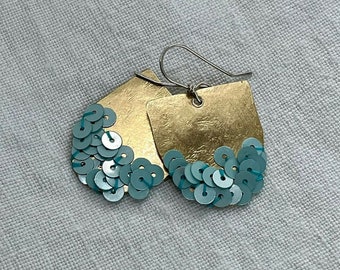 Earrings Metallic Light Blue Sequin Clusters on Brass - Sterling Silver Earwires - French Sequins