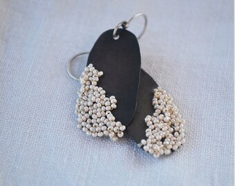 Earrings Tiny White Bead Clusters - Oval - Sterling Silver