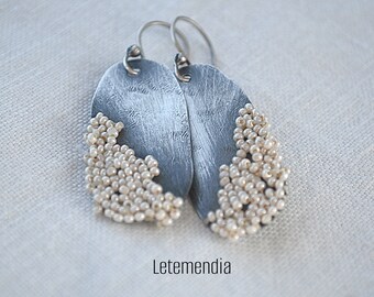 Earrings Tiny White Bead Clusters - Oval - Sterling Silver - Boho Wedding