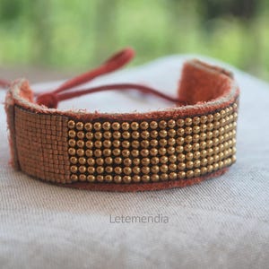 Handwoven Gold Bead Leather Bracelet – Artisan Boho Cuff for Women, Adjustable, Handmade Luxury Jewelry, Artisan Bracelet Letemendia Jewelry