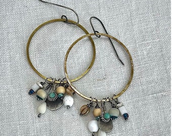 Hoop Charm Earrings - Earthy Tones - Mixed Metals - Golden Brass - Silver 925