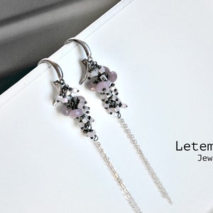 Pink Sapphire Cluster Earrings Silver Chain Pastel Colors Long Earrings image 6