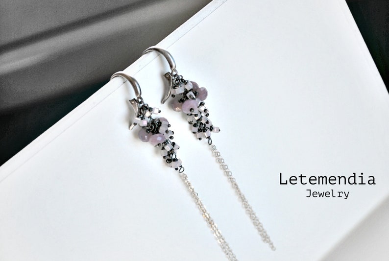Pink Sapphire Cluster Earrings Silver Chain Pastel Colors Long Earrings image 6