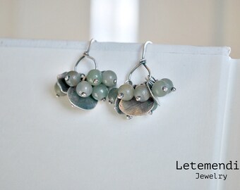 Green Jade Earrings - Gemstone Cluster - Silver925 Earrings