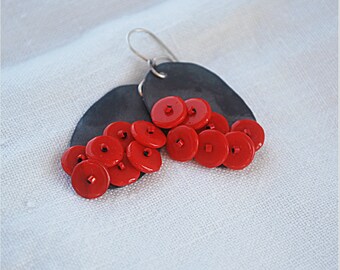 Red Beaded Earrings Oval Modern Cluster Vintage Beads - Sterling Silver