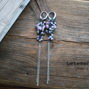 Pink Sapphire Cluster Earrings Silver Chain Pastel Colors Long Earrings image 1