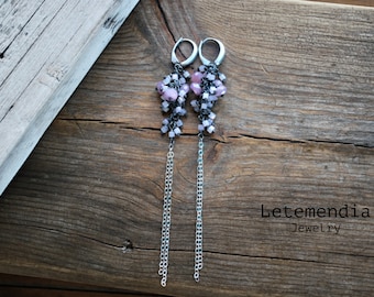 Pink Sapphire Cluster Earrings - Silver Chain - Pastel Colors - Long Earrings