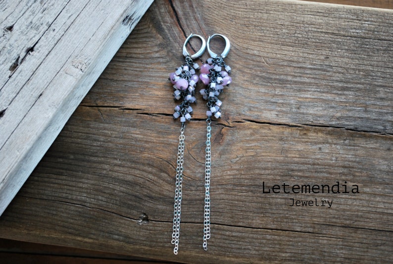 Pink Sapphire Cluster Earrings Silver Chain Pastel Colors Long Earrings image 1