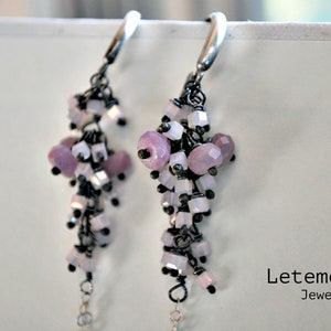 Pink Sapphire Cluster Earrings Silver Chain Pastel Colors Long Earrings image 7