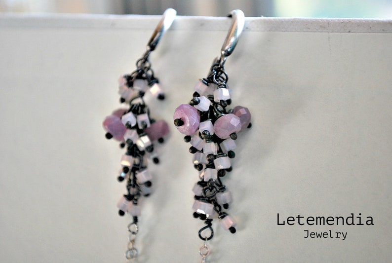 Pink Sapphire Cluster Earrings Silver Chain Pastel Colors Long Earrings image 7