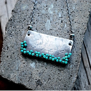 Sterling Silver & Turquoise Beaded Necklace - Clusters - Rectangle - Artisan Jewelry Gift for Her - One of a Kind - Letemendia Jewelry