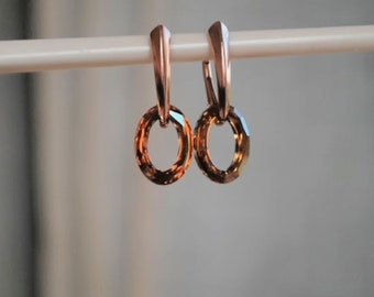 Oval Crystal Earrings on Rose Gold - Crystal Copper