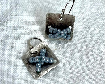 Beaded Cross Earrings - Sterling Silver - Gray