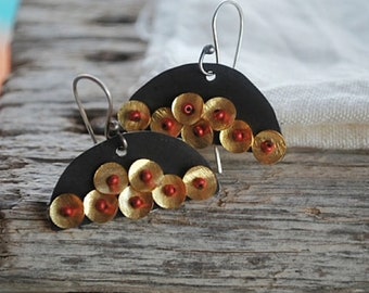 Half Moon Earrings with Gold Discs on Sterling Silver - Pair no. 2