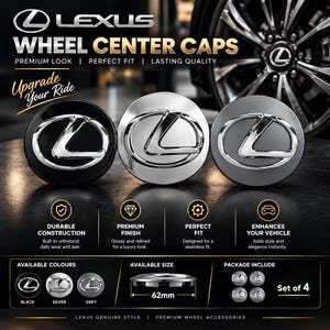 Peut inclure: Trois enjoliveurs de roue Lexus circulaires en finitions noire, argentée et grise, chacun arborant le logo Lexus argenté. L'image comprend des étiquettes textuelles, une mesure de 62 mm et indique un ensemble de quatre pièces pour les roues.
