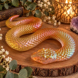 May include: A coiled snake figurine featuring a translucent, iridescent finish that shifts between shades of orange, yellow, and pink. The surface is covered in a detailed, raised scale texture, capturing a realistic serpentine form.